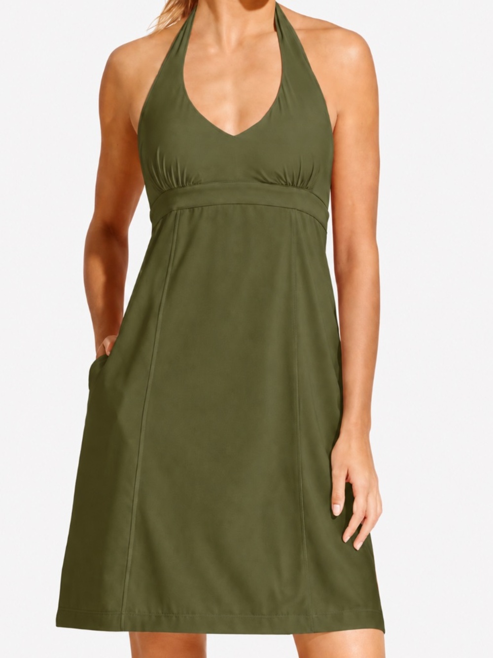 ATHLETA PACK EVERYWHERE HALTER DRESS - OLIVE GREEN - sz 12 TALL